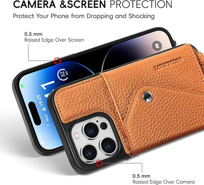 LUCKYCOIN for iPhone 14 Pro Crossbody Wallet Case – Genuine Leather Phone Purse with Adjustable Strap and Card Holder,Lanyard Phone Purse Case for Women,Pebble Grain Brown