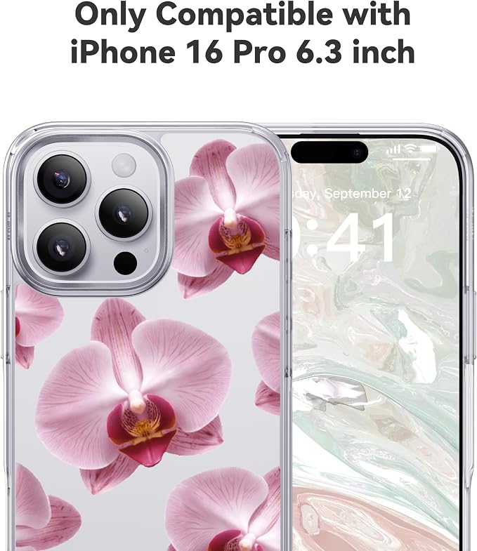CASEKOO Pink Phalaenopsis for iPhone 16 Pro Case, [Never Yellow Technology] [12FT Military-Grade Protection] Transparent Slim Floral Cover Gril Women 16 Pro Case 6.3 inch, Pink Phalaenopsis