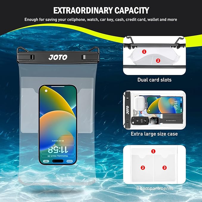 JOTO 2 Pack Large Waterproof Phone Pouch Bag, IPX8 Big Underwater Dry Bag with Lanyard for iPhone 17 Air 16 15 14 Plus Pro Max, Galaxy S24 S23 Ultra, Airpods Cash Credit Card Essentials -Black
