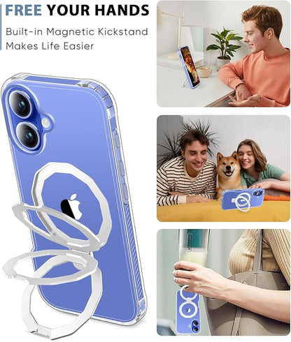 for iPhone 16 Case, with Screen Protector + Camera Lens Protector, Built-in Seamless Stand, [Compatible with MagSafe] Protective Shockproof Phone Case, Cover for iPhone 16 6.1 Inch - Clear