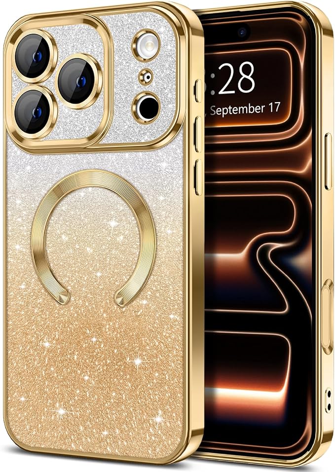 Hython for iPhone 17 Pro Case Glitter Clear Magnetic Phone Cases [Compatible with MagSafe] Full Camera Lens Protector Sparkle Luxury Plating Slim Shockproof Protective Cover Women, Gradient Gold