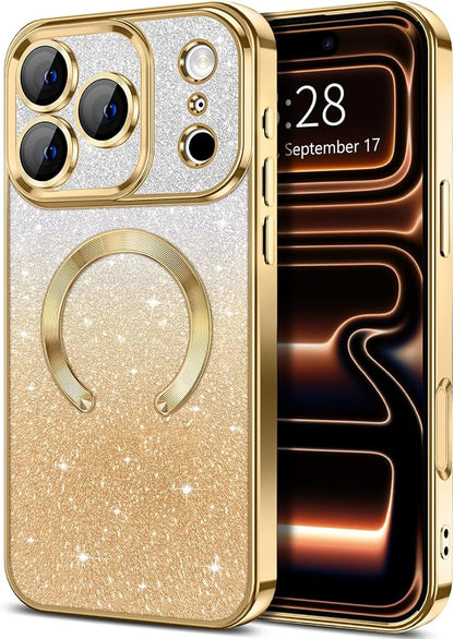 Hython for iPhone 17 Pro Case Glitter Clear Magnetic Phone Cases [Compatible with MagSafe] Full Camera Lens Protector Sparkle Luxury Plating Slim Shockproof Protective Cover Women, Gradient Gold