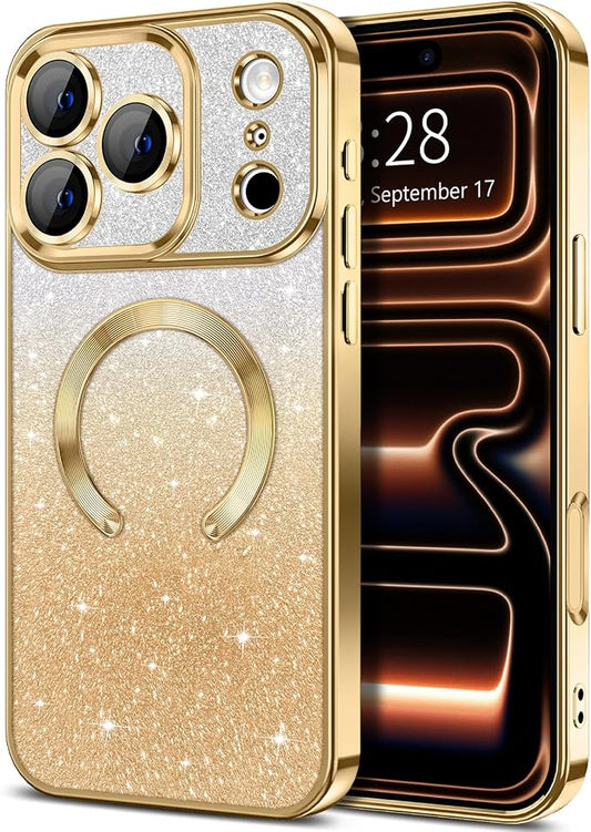 Hython for iPhone 17 Pro Max Case Glitter Clear Magnetic Phone Cases [Compatible with MagSafe] Full Camera Lens Protector Sparkle Luxury Plating Slim Shockproof Protective Cover Women, Gradient Gold