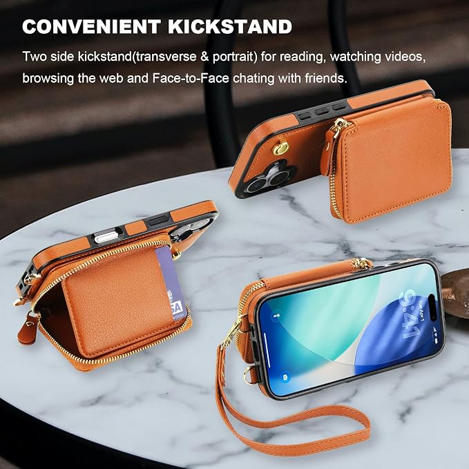 Bocasal for MagSafe Crossbody Wallet Case Compatible with iPhone 17, RFID Blocking Protective Purse Case with Card Slots Holder Kickstand Wrist Strap Lanyard Zipper 6.3 Inch 5G (Brown)