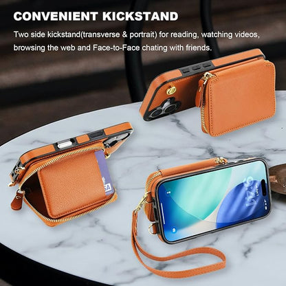 Bocasal for MagSafe Crossbody Wallet Case Compatible with iPhone 17, RFID Blocking Protective Purse Case with Card Slots Holder Kickstand Wrist Strap Lanyard Zipper 6.3 Inch 5G (Brown)