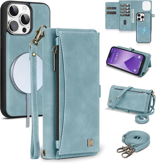 Wallet Case for iPhone 14 Pro with Card Holder/Crossbody Wallet/Strap| RFID Blocking | Magnetic | Kickstand | Detachable | PU Leather Phone Case for iPhone 14 Pro,6.1 in,Blue