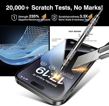 EZ-GLAZ- 4 Pack for iPhone 15 Pro Screen Protector [6.1"] With 2 Pack Camera Lens Protector, 9H+ Hardness 12FT Military Grade Shatterproof Scratch Resistant Durable Tempered Glass Film with Flawless Fit Kit, HD Clear