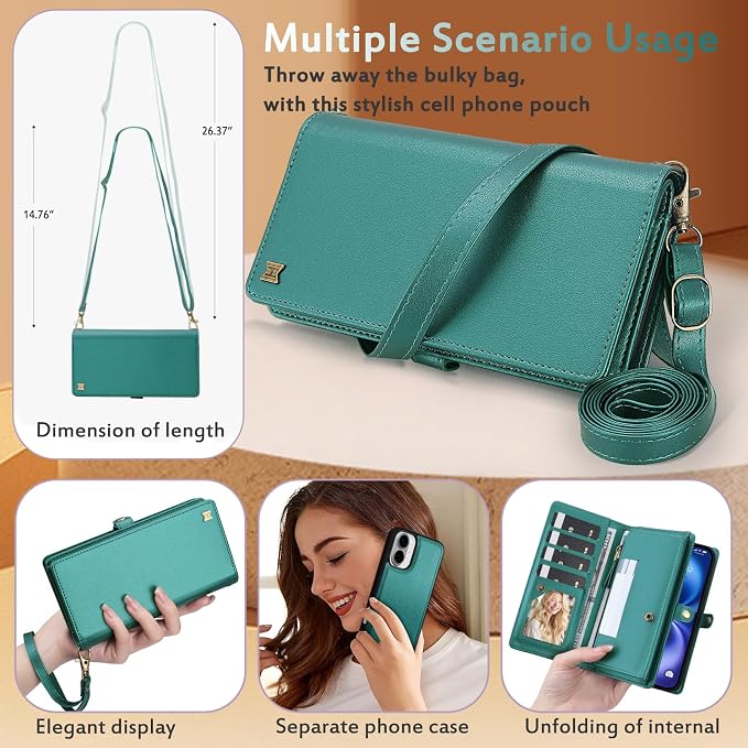 for Wallet Case Compatible with iPhone 16 Plus,Multi-Function Detachable 2 in 1 Magnetic iPhone 16 Plus Wallet,Flip Strap Zipper Card Holder Phone Case with Shoulder Straps (Green)