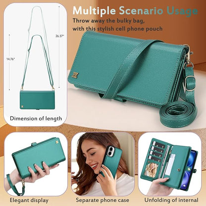 for Wallet Case Compatible with iPhone 16 Plus,Multi-Function Detachable 2 in 1 Magnetic iPhone 16 Plus Wallet,Flip Strap Zipper Card Holder Phone Case with Shoulder Straps (Green)