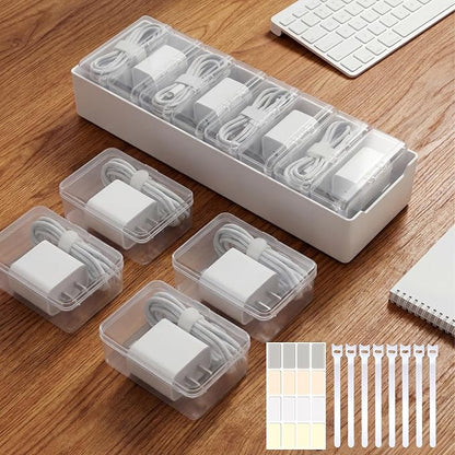 8 Individual Cable Organizer Boxes With Base, Cord Storage Organizer With Labels And Cable Straps For Charging Cables, Adapters, Earphones (8 pcs Individual Cable, 4 Pack)