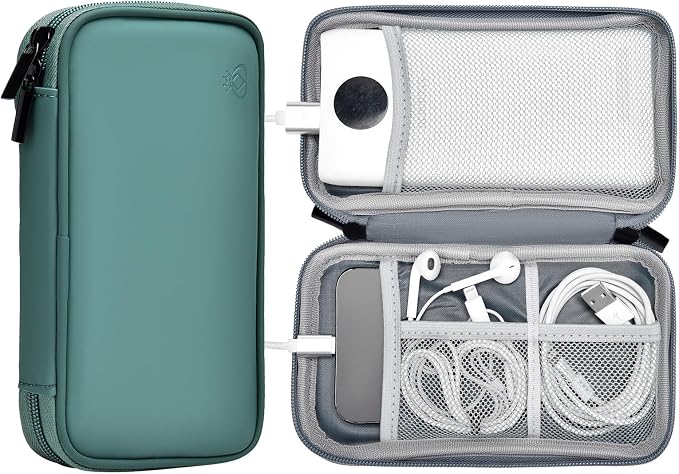 Portable Charger Organizer Travel Case Shockproof Power Bank Bag for Anker/Jackery/RAV/10000mAh Power Bank Leather Electronic Case for PowerCore (Deep Green, Single Layer-Small)