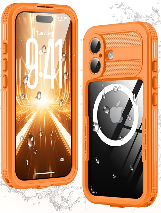 GOLDJU Magnetic for iPhone 17 Case-Waterproof, Built-in Screen & Camera Protector-IP68 Underwater Full Body 16FT Military Dropproof Shockproof Case for 17 6.3''- Orange