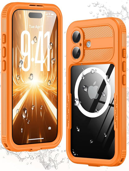 GOLDJU Magnetic for iPhone 17 Case-Waterproof, Built-in Screen & Camera Protector-IP68 Underwater Full Body 16FT Military Dropproof Shockproof Case for 17 6.3''- Orange