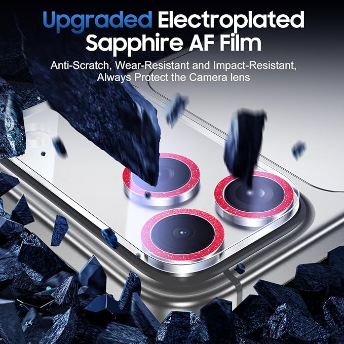 UniqueMe Compatible for 3 Pack iPhone 17 Pro Max Camera Lens Protector - [Drop Protection] [Case Friendly] 9H Tempered Glass Camera Cover Screen [Update New Version] - Glitter Red