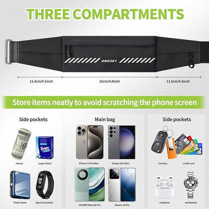 Slim Running Belt Fanny Pack for Men Women, Running Phone Holder, Waist Pack Runners Bag Money Belt with 3 Separate Pouch to Store Your Phone Key Money Safe, Waist Bag-Black