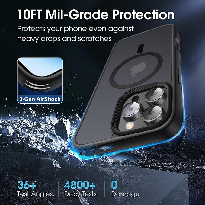 Strong Magnetic Case for iPhone 16 Pro Case [10FT-Grade Drop Tested & Compatible with MagSafe] Translucent Anti-Fingerprint Anti Shockproof Protective Shell 6.3 Inch, Black