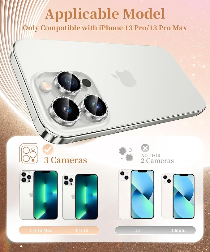 GolbinBox Camera Lens Protector for iPhone 13 Pro/13 Pro Max, 1:1 Invisible Fit, 9H Tempered Glass Ultra HD Metal Individual Camera Cover for Women, Case Friendly, Bling/Silver