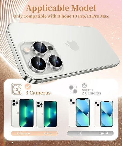GolbinBox Camera Lens Protector for iPhone 13 Pro/13 Pro Max, 1:1 Invisible Fit, 9H Tempered Glass Ultra HD Metal Individual Camera Cover for Women, Case Friendly, Bling/Silver