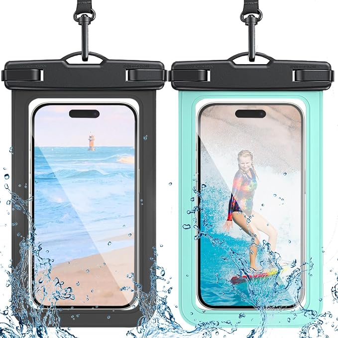 2 Pack Waterproof Phone Pouch with Adjustable Lanyard for iPhone 17 16 15 14 13 12 Pro Max, Samsung Galaxy S25/S24 up to 7.5", IPX8 Cellphone Water Proof Phone Case Dry Bags Black/Green