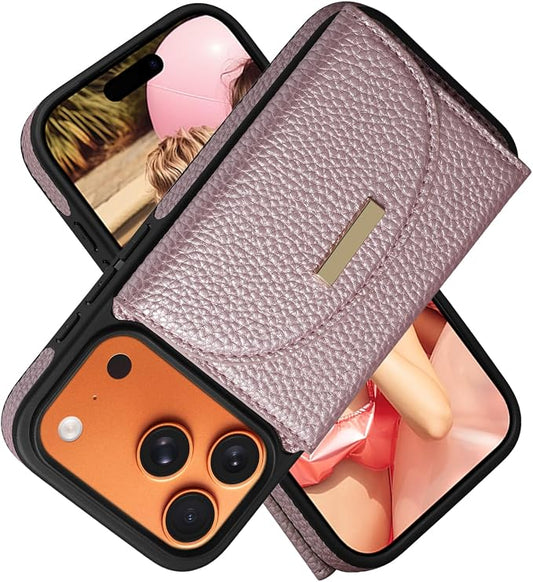 Keallce Wallet Case for iPhone 17 Pro 6.3'', Flip Case with RFID Blocking Card Holder Slots Kickstand, PU Leather Protective Folio Cover for Women, Rosegold