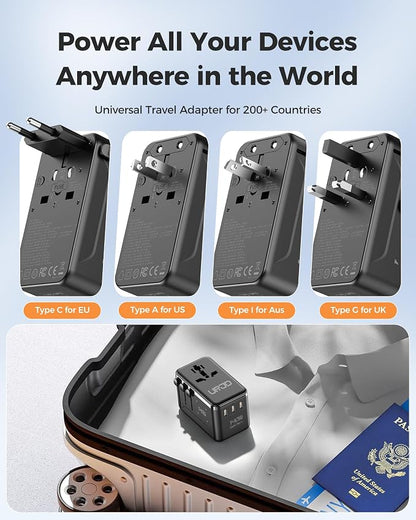 140W Max GaN Universal Travel Adapter for Europe UK US 200+ Countries | 3 USB C 1 USB A & 2500W AC Outlet, International Power Adapter Fast Charger Compatible for MacBook Pro/Air, iPhone, Laptop