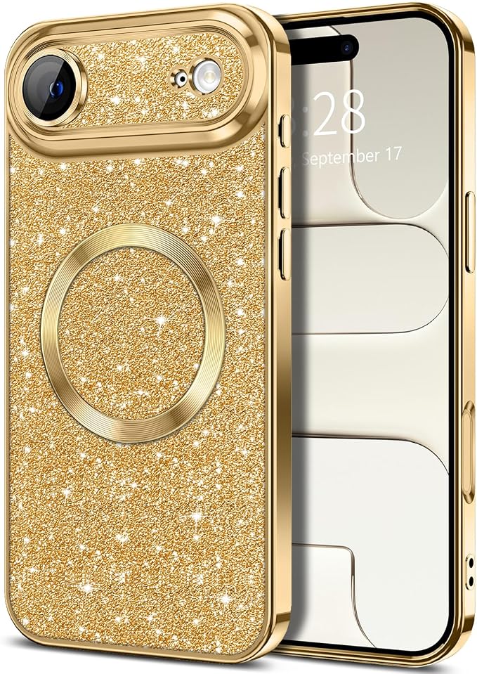 Hython for iPhone Air Case Glitter Clear Magnetic Phone Cases [Compatible with MagSafe] Full Camera Lens Protector Sparkle Luxury Plating Slim Shockproof Protective Cover Women, Gold