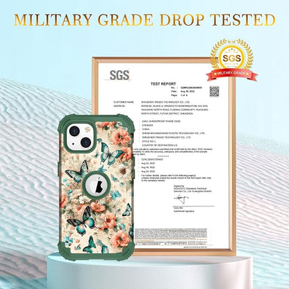 Hocase for iPhone 15 Case, Heavy Duty Shockproof Protection Soft Silicone Rubber Bumper+Hard Plastic Hybrid Protective Case for iPhone 15 (6.1" Display) 2023 - Teal Green Butterflies