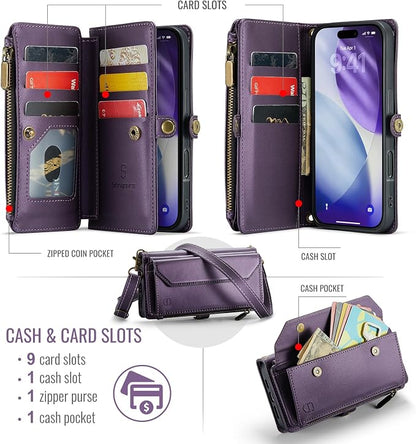 Strapurs Wallet Case Compatible with iPhone 17 Pro 6.3" RFID Blocking 9-Card Holder Soft PU Leather Magnetic Snap Shoulder Strap Zipper Pocket Phone Case Fit for iPhone 17 Pro for Women - Purple