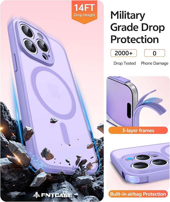 FNTCASE for iPhone 15 Pro Case: [Compatible with Magsafe] Translucent Matte Cases with [Full Camera Protection] [Screen Protector] Military Grade Shockproof Protective Phone Cover - Light Purple