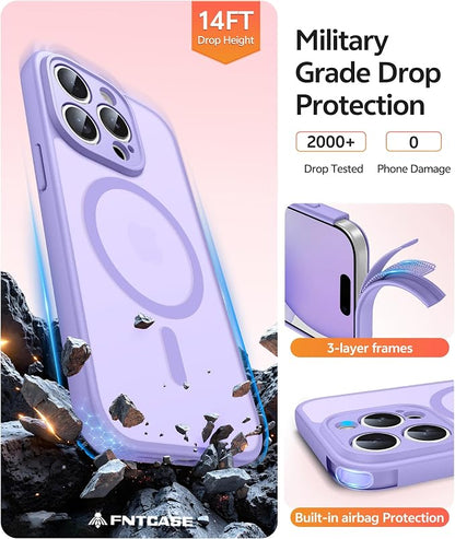 FNTCASE for iPhone 15 Pro Case: [Compatible with Magsafe] Translucent Matte Cases with [Full Camera Protection] [Screen Protector] Military Grade Shockproof Protective Phone Cover - Light Purple
