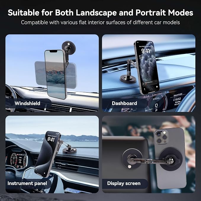 360° Magnetic Phone Mount - Dual Arm Foldable Phone Holder with Strong Adhesive Base for Car Dashboard/Desk/Wall, Universal Magnetic Stand for iPhone 16/15 & All Smartphones-828002