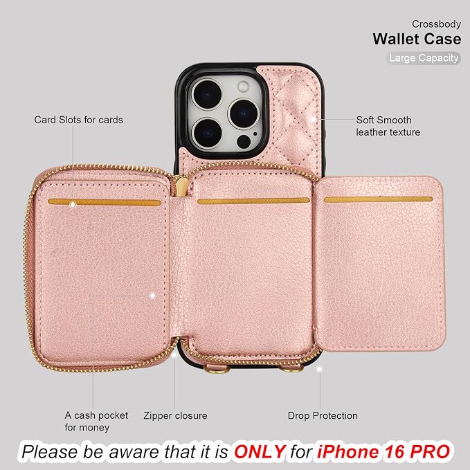 Bocasal Crossbody Wallet Case for iPhone 16 Pro, RFID Blocking PU Leather Zipper Handbag Purse Flip Cover, Kickstand Folio Case with Card Slots Holder Wrist Strap Lanyard 5G 6.3 Inch (Rose Gold)