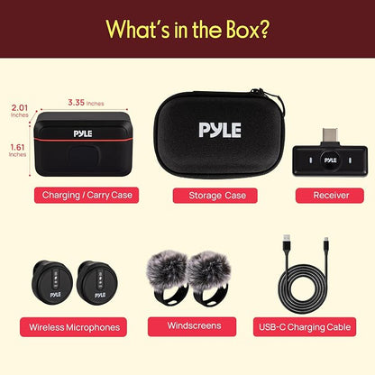 Pyle Wireless Lavalier Microphone System | Noise-Canceling Clip-On Mic with Magnetic Mount, 8H Battery, Charging Case, Windscreens | USB-C Plug & Play for Vlogging, Interviews, Streaming & Podcasts