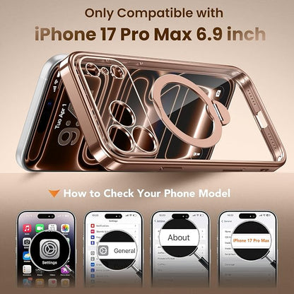 GolbinBox for iPhone 17 Pro Max Case with 360° Spin Magnetic Stand,[Compatible with Magsafe] [Military Protection][Built-in Ring Holder] Camera Control Phone Case for 17 Pro Max,Rose Gold/Clear