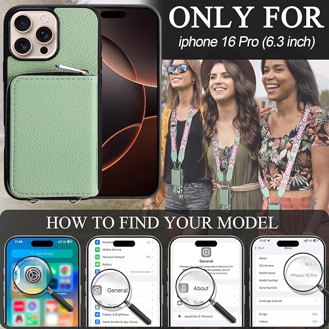 XANGNIER Wallet Case for iPhone 16 Pro, RFID Blocking PU Leather Crossbody Phone Purse with Card Holder, Zipper Pocket, Wrist Strap & Adjustable Lanyard for Women 6.3" 5G, Green