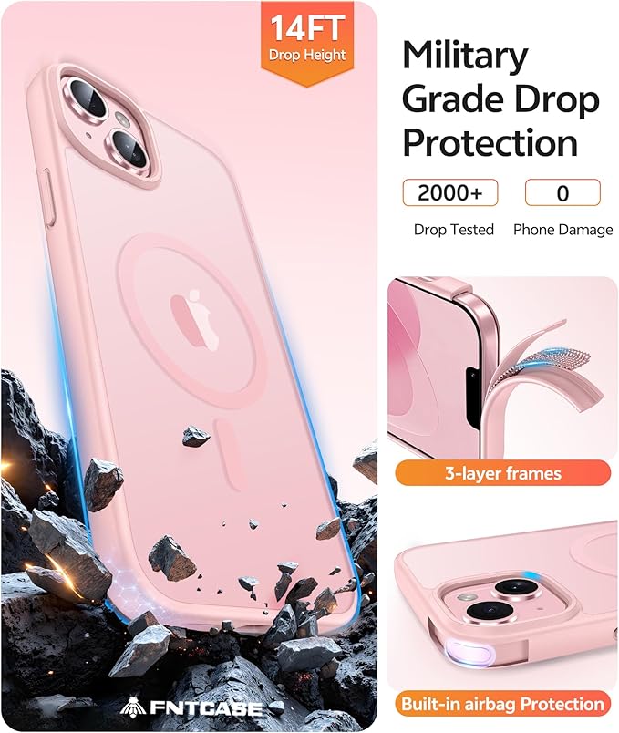 FNTCASE for iPhone 15 Plus Case: for iPhone 14 Plus Case [Compatible with Magsafe] Translucent Matte Cases with [Screen Protector] Military Grade Shockproof Protective Phone Cover - Light Pink