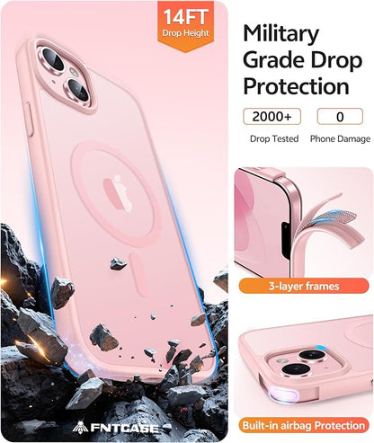 FNTCASE for iPhone 15 Plus Case: for iPhone 14 Plus Case [Compatible with Magsafe] Translucent Matte Cases with [Screen Protector] Military Grade Shockproof Protective Phone Cover - Light Pink