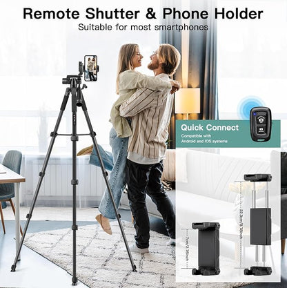 Camera Tripod Stand, 68" Phone Tripod for Tablet with Remote and Holder, Lightweight and Compact Travel Tripod for Canon Sony Camera, Compatible with DSLR, iPhone, iPad