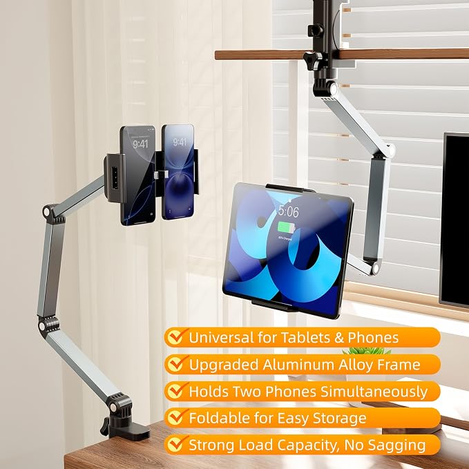 Aluminum Foldable Arm Tablet Stand, 360° Rotatable Phone Holder iPad Stand, Adjustable Tablet Mount for 4.7"-13" iPad, iPhone, Galaxy Tab, Compatible with Desk Bedside Kitchen, Silver