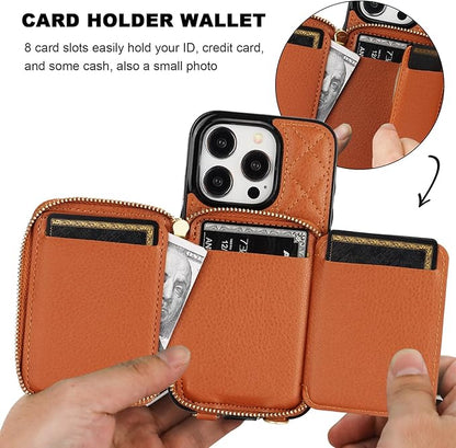 Bocasal Crossbody Wallet Case for iPhone 15 Pro, RFID Blocking PU Leather Zipper Handbag Purse Flip Cover, Kickstand Folio Case with Card Slots Holder Wrist Strap Lanyard 5G 6.1 Inch (Brown)