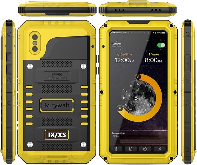 Mitywah Waterproof Compatible with iPhone X/XS Heavy Duty Military Grade Shockproof Cover Built-in Screen Protection, Metal Case Full Body Dustproof Strong Rugged Thick for iPhone X/XS, Yellow