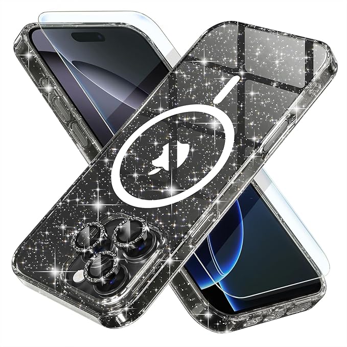 Choiche for iPhone 16 Pro Case Magnetic, Women Clear Glitter Bling Sparkly Case, [3xDiamond Camera Lens Protectors] [2xTempered Glass Screen Protectors] [Compatible MagSafe] 6.3"(Glitter Black)