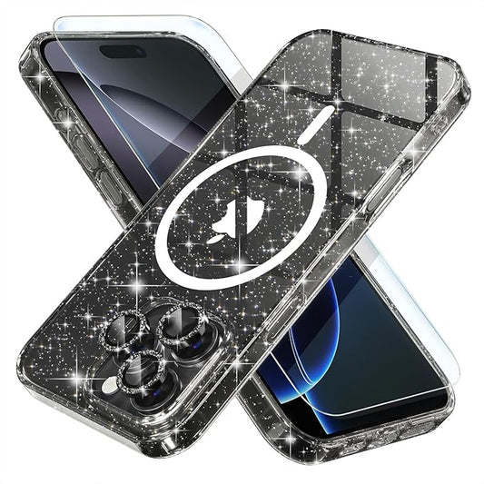 Choiche for iPhone 16 Pro Case Magnetic, Women Clear Glitter Bling Sparkly Case, [3xDiamond Camera Lens Protectors] [2xTempered Glass Screen Protectors] [Compatible MagSafe] 6.3"(Glitter Black)