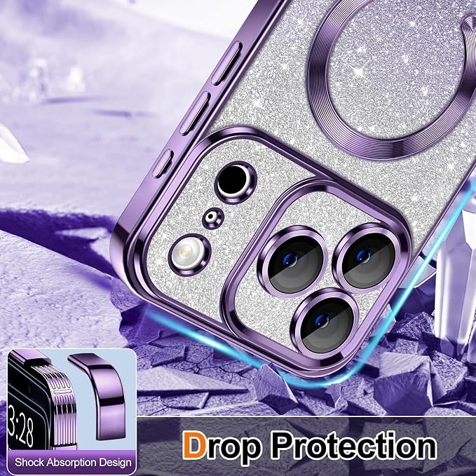 Hython for iPhone 17 Pro Case Glitter Clear Magnetic Phone Cases [Compatible with MagSafe] Full Camera Lens Protector Sparkle Luxury Plating Slim Shockproof Protective Cover Women, Gradient Purple