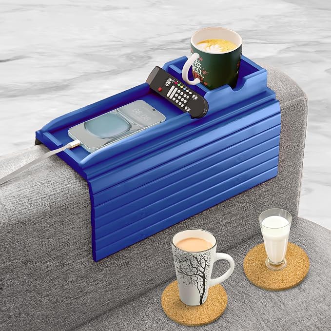 Couch Cup Holder Tray with 2 Cork Coasters, Couch Caddy, Anti-Slip Foldable Armrest Sofa Tray, Couch Armrest Table, Anti-Spill Holder for Remote, Snacks, Cellphone - Ideal Gift (Blue)