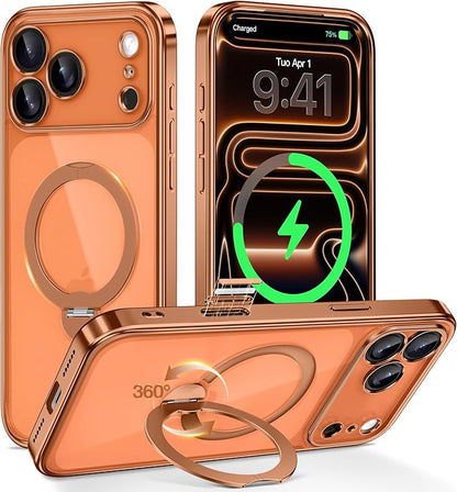 GolbinBox for iPhone 17 Pro Case with 360° Spin Magnetic Stand,[Compatible with Magsafe] [Military Protection][Built-in Ring Holder] Camera Control Phone Case for 17 Pro,Cosmic Orange/Clear