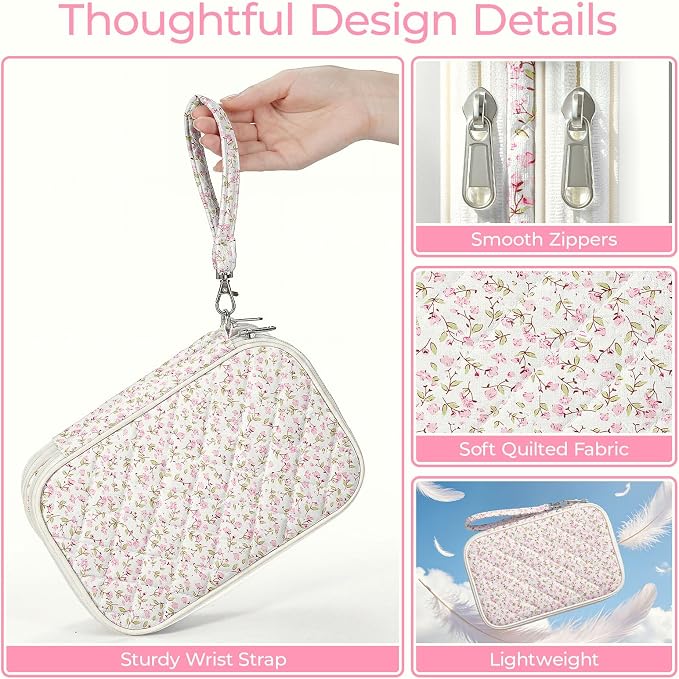 Quilted Travel Cable Organizer Pouch, Portable Electronic Accessories Carry Case, Double Layer All-in-One Storage Bag for Chargers, Cords, Phone, Gadgets (Pink Floral, M)