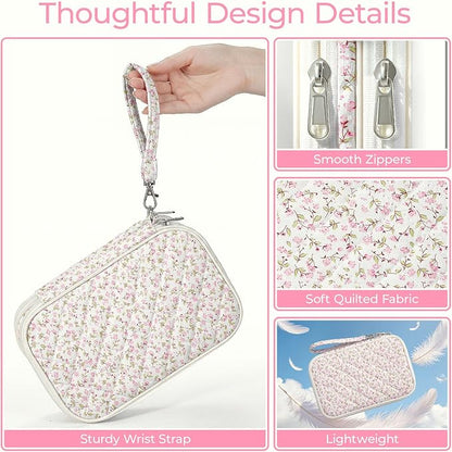 Quilted Travel Cable Organizer Pouch, Portable Electronic Accessories Carry Case, Double Layer All-in-One Storage Bag for Chargers, Cords, Phone, Gadgets (Pink Floral, M)