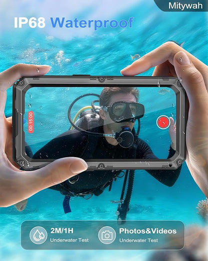 Mitywah Waterproof Case for iPhone 16, Shockproof Heavy Duty Case with Built-in Screen Protector, Underwater Full Body Protective Metal Case 6.1 inch, Black