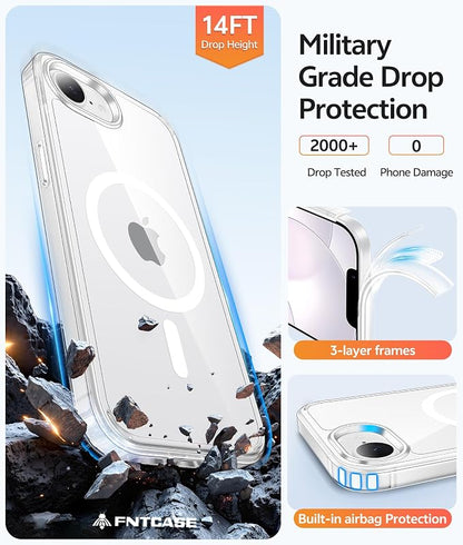 FNTCASE for iPhone 17e/ iPhone 16e Case, Fit for Magsafe, Screen Protector | Anti Yellowing Magnetic Back, 14FT Military Grade Drop Protection, Shockproof Protective Phone Cover, Transparent